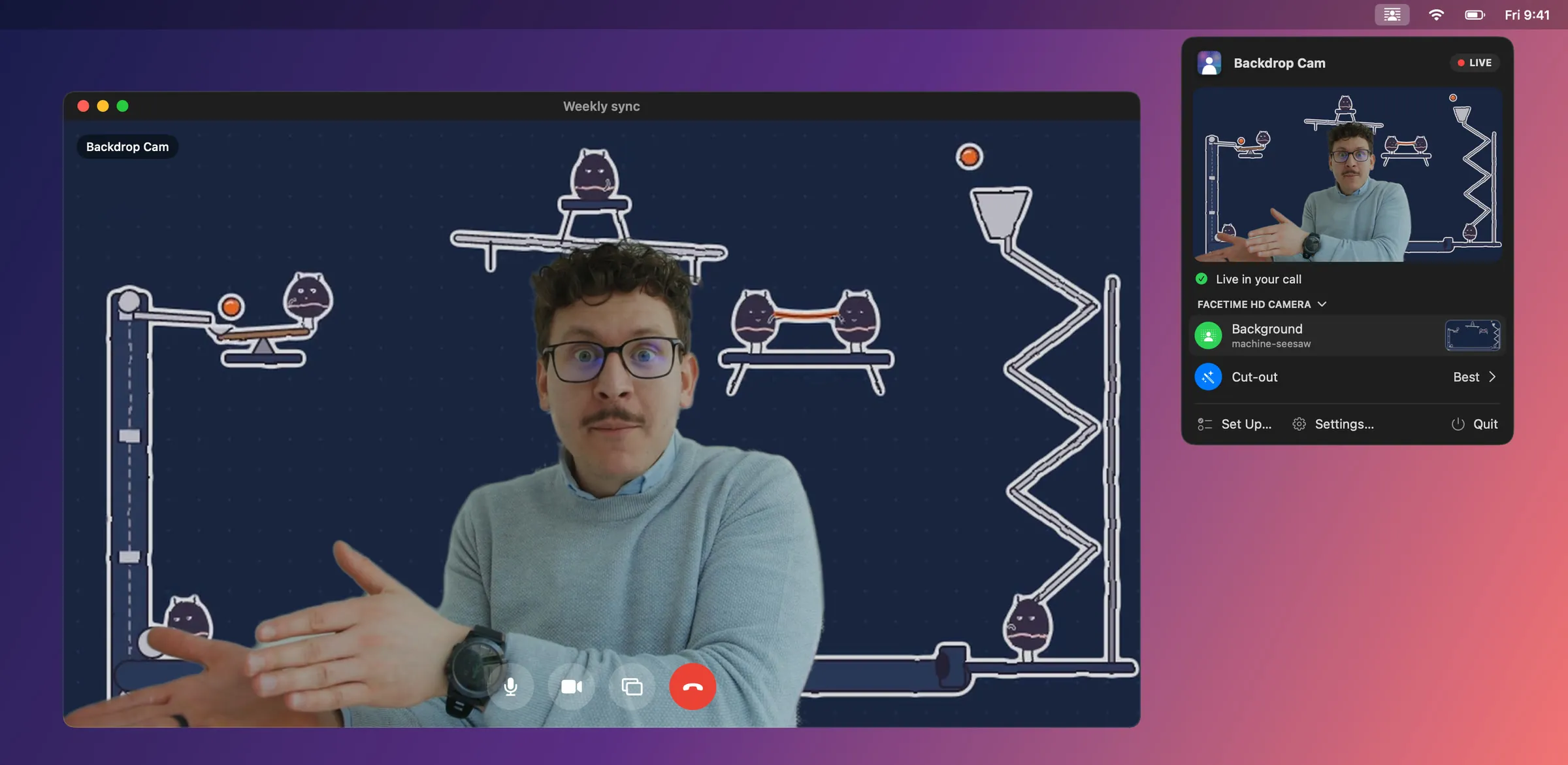 A video call showing a man in front of a looping machine video, with Backdrop Cam's menu-bar popover open showing a live preview, the Background row and Cut-out quality.
